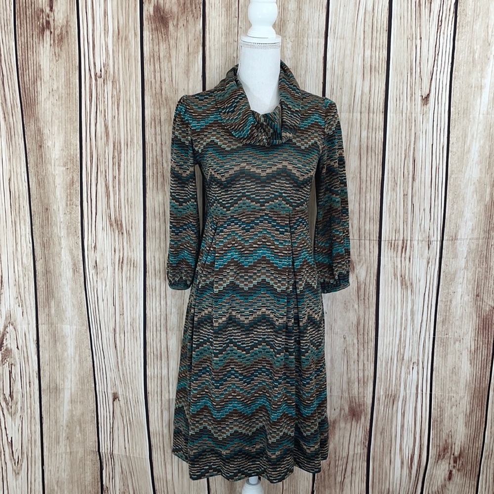 AGB Cowl Neck Midi Dress w/Brown & Blue Design